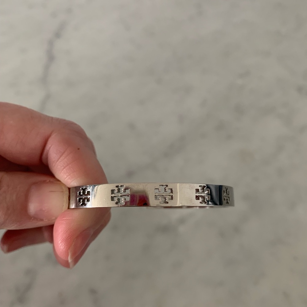 Tory Burch Silver Logo Cut Out Cuff Bracelet